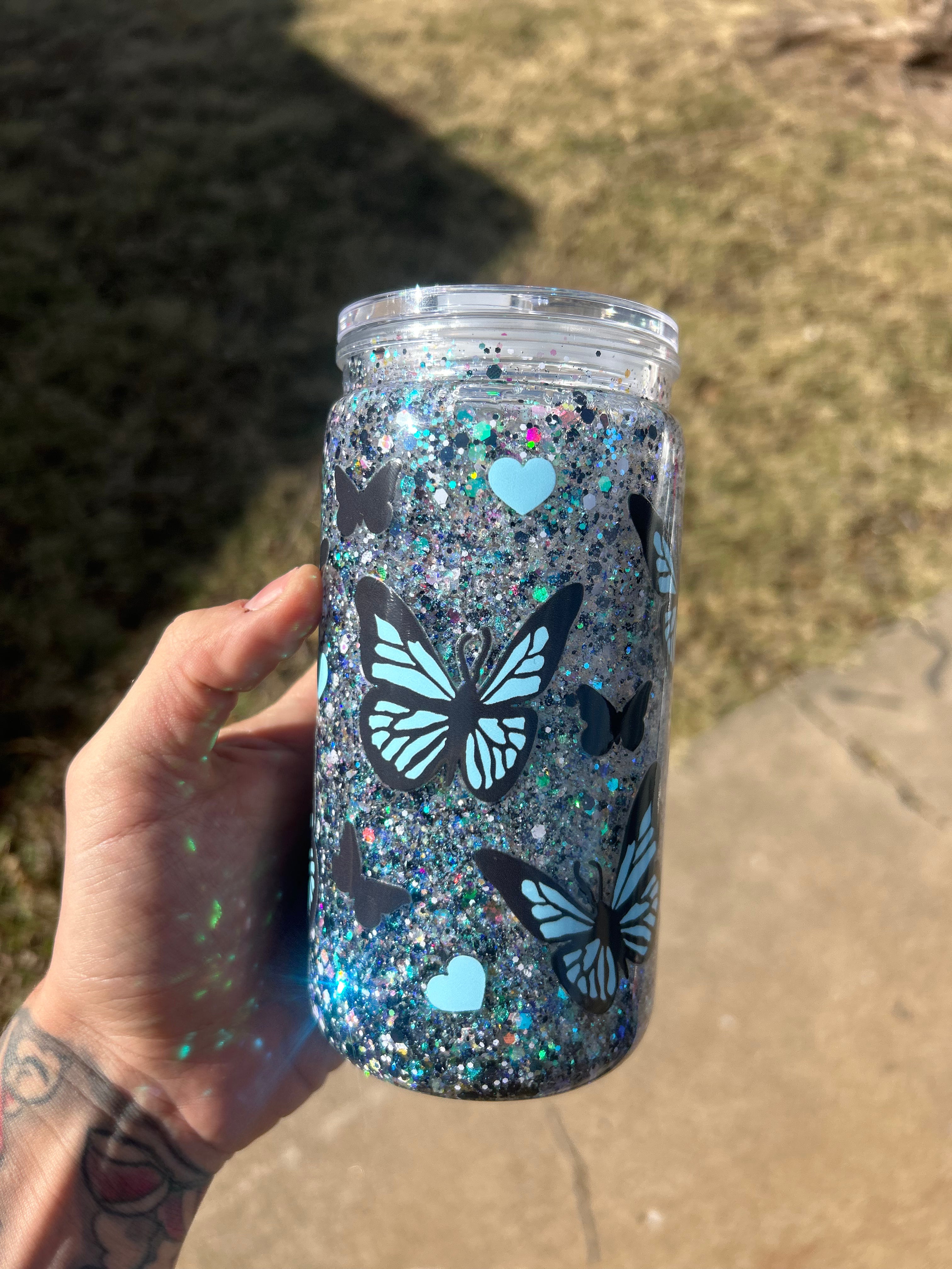 16oz Snow globe Blue Butterfly