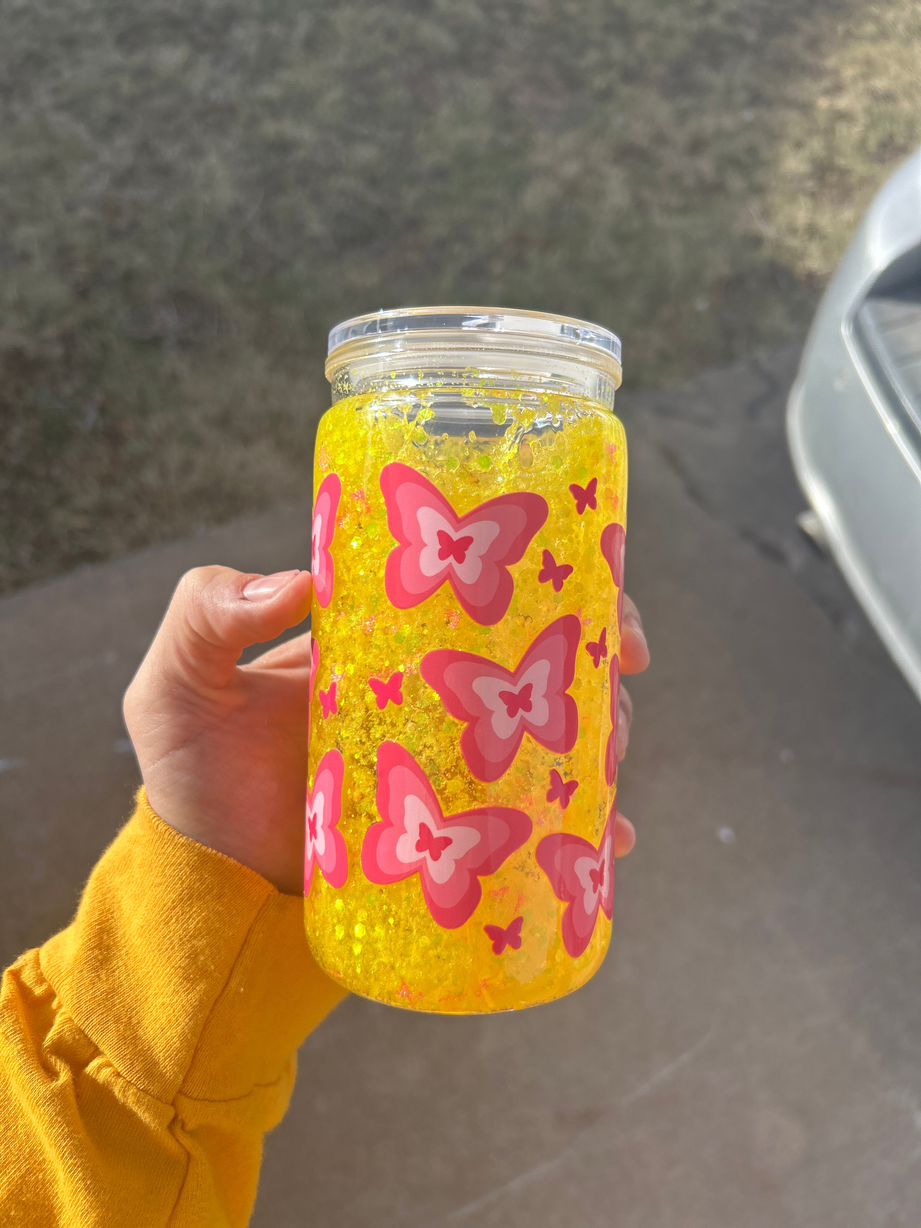 16oz Snow globe Pink Butterflies Yellow Glitter