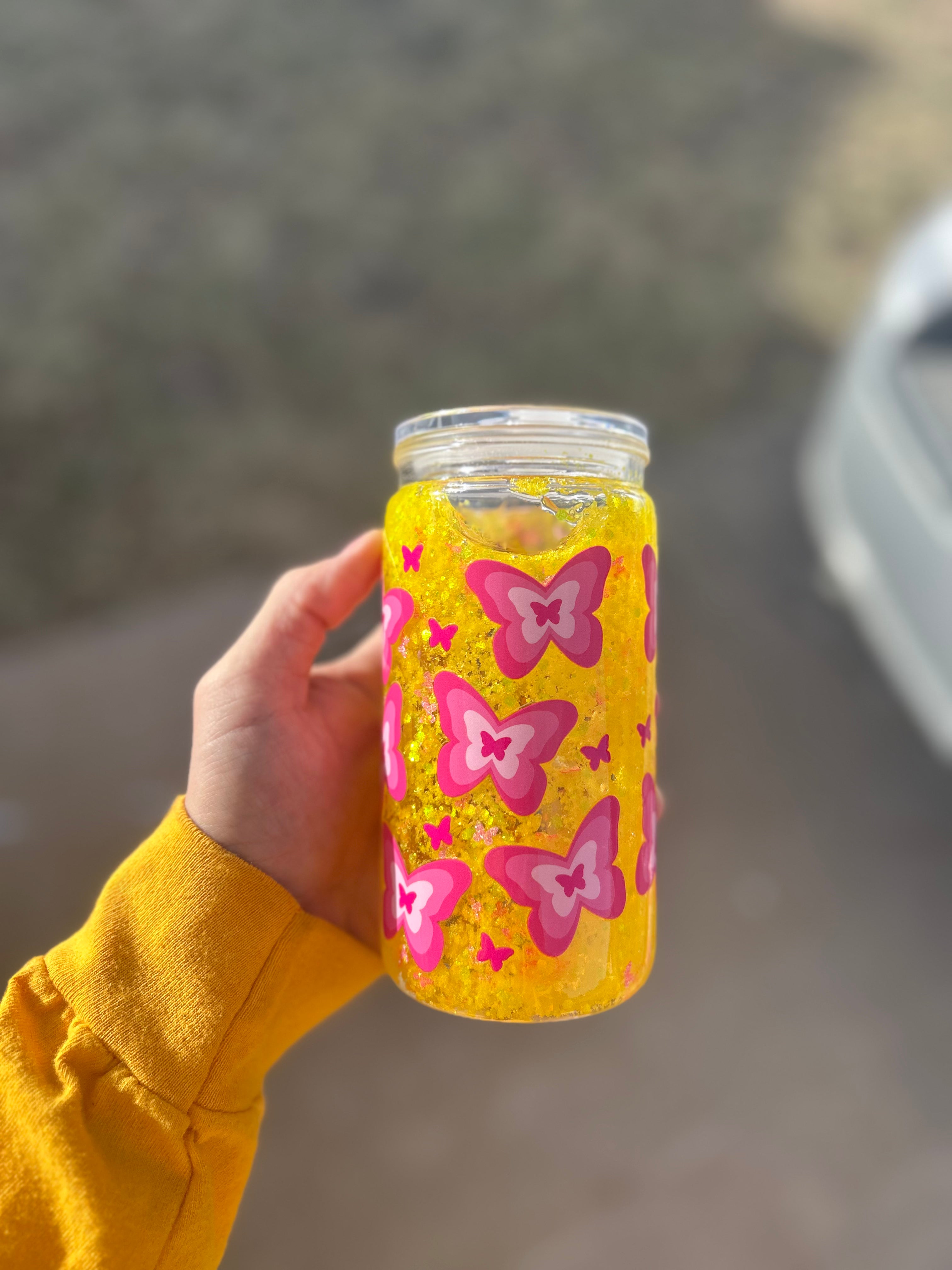 16oz Snow globe Pink Butterflies Yellow Glitter