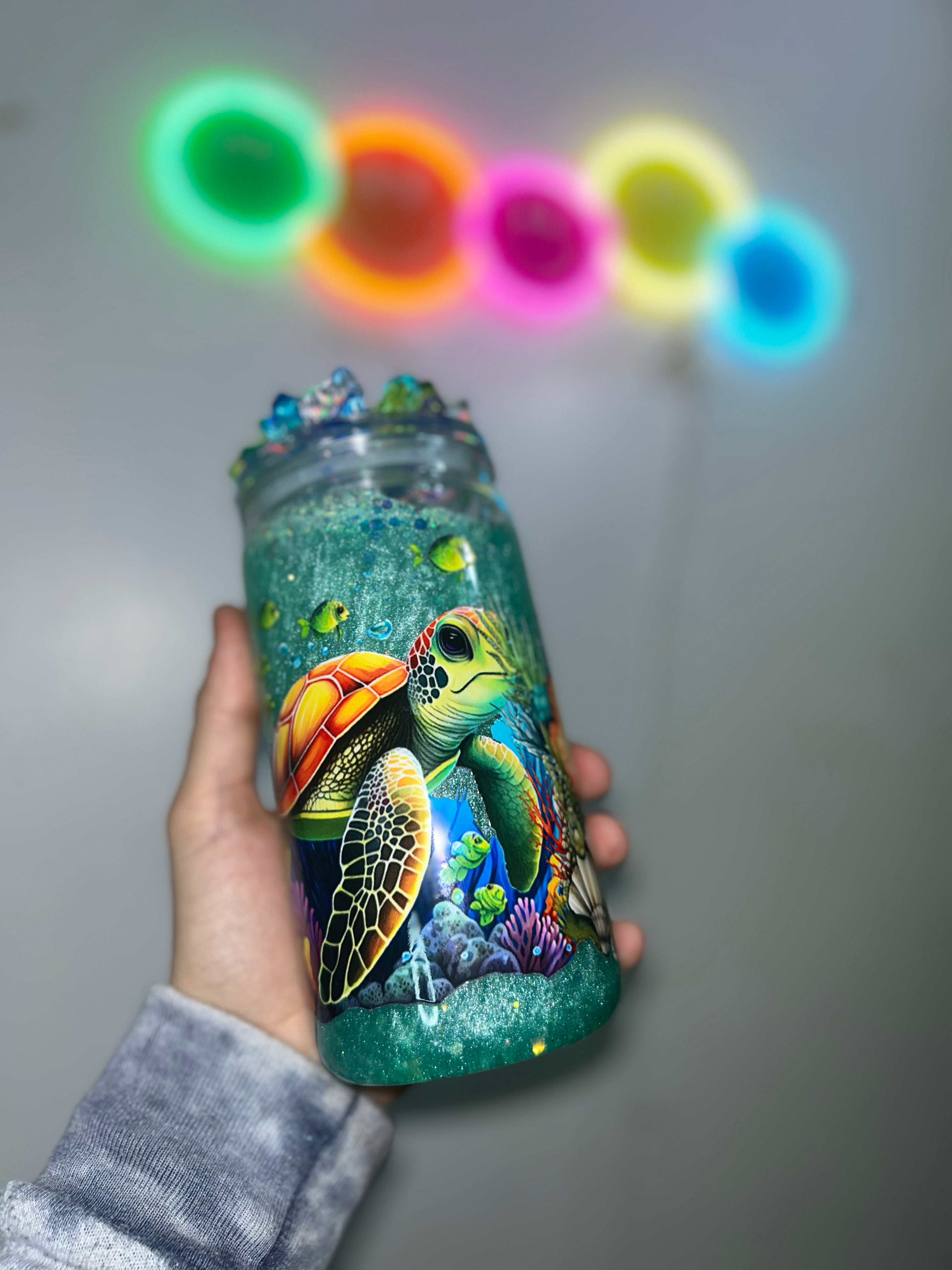 16oz GLOW Mica Cup - Sea Turtle Decal w/ Ice Lid